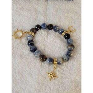 Blue Kyanite Beads Stretch Bracelet W/ Gold Sun Moon & Star Charms Natural Stone